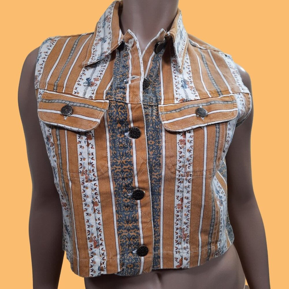 Vintage 90s Vest Top Sleeveless Floral Yellow Striped Short Cropped Cotton Denim